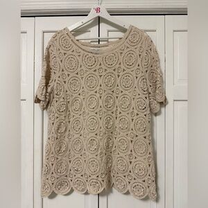 Drapers & Damons Crochet Macramé Ivory Short Sleeve Blouse XL Cottagecore